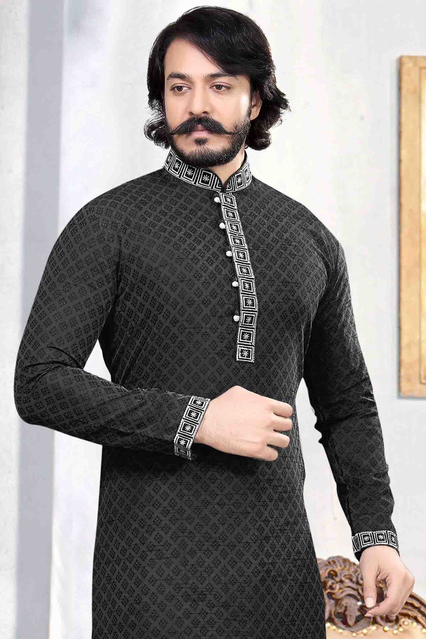 Black Colour Kurta Pajama In Jacquard Silk VSKP1210036