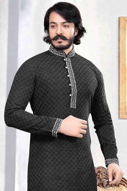 Black Colour Kurta Pajama In Jacquard Silk VSKP1210036