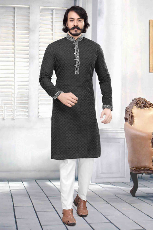Black Colour Kurta Pajama In Jacquard Silk VSKP1210036
