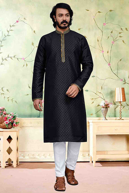 Black Colour Kurta Pajama In Silk VSKP1210233