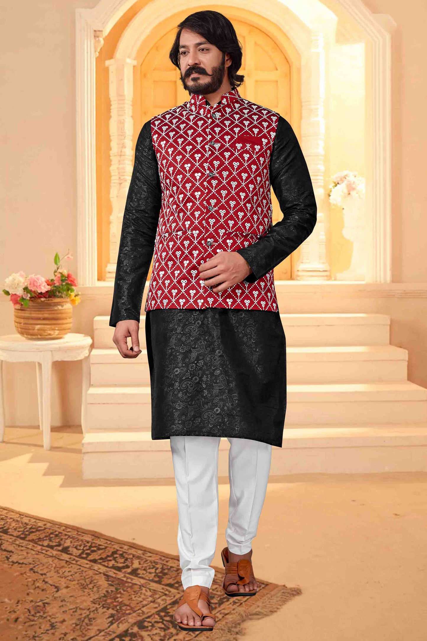 Black Colour Kurta Pajama With Jacket In Art Silk VSKP1210362