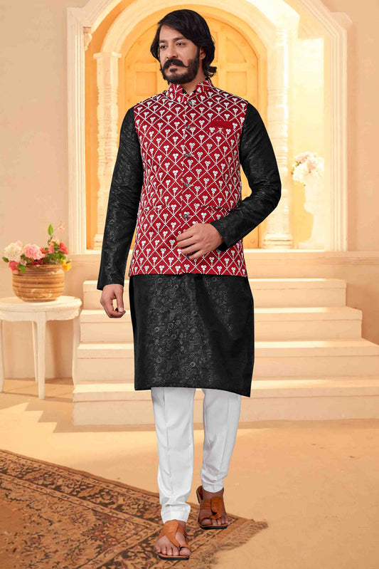 Black Colour Kurta Pajama With Jacket In Art Silk VSKP1210362