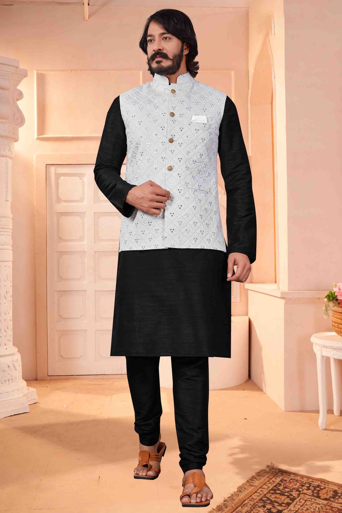Black Colour Kurta Pajama With Jacket In Art Silk VSKP1210365