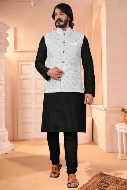 Black Colour Kurta Pajama With Jacket In Art Silk VSKP1210365