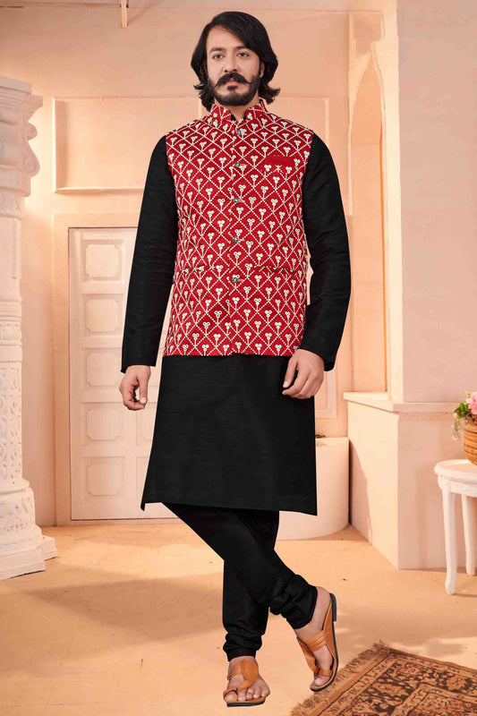 Black Colour Kurta Pajama With Jacket In Art Silk VSKP1210367