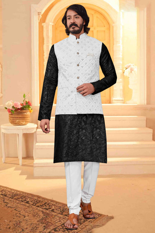 Black Colour Kurta Pajama With Jacket In Art Silk VSKP1210374