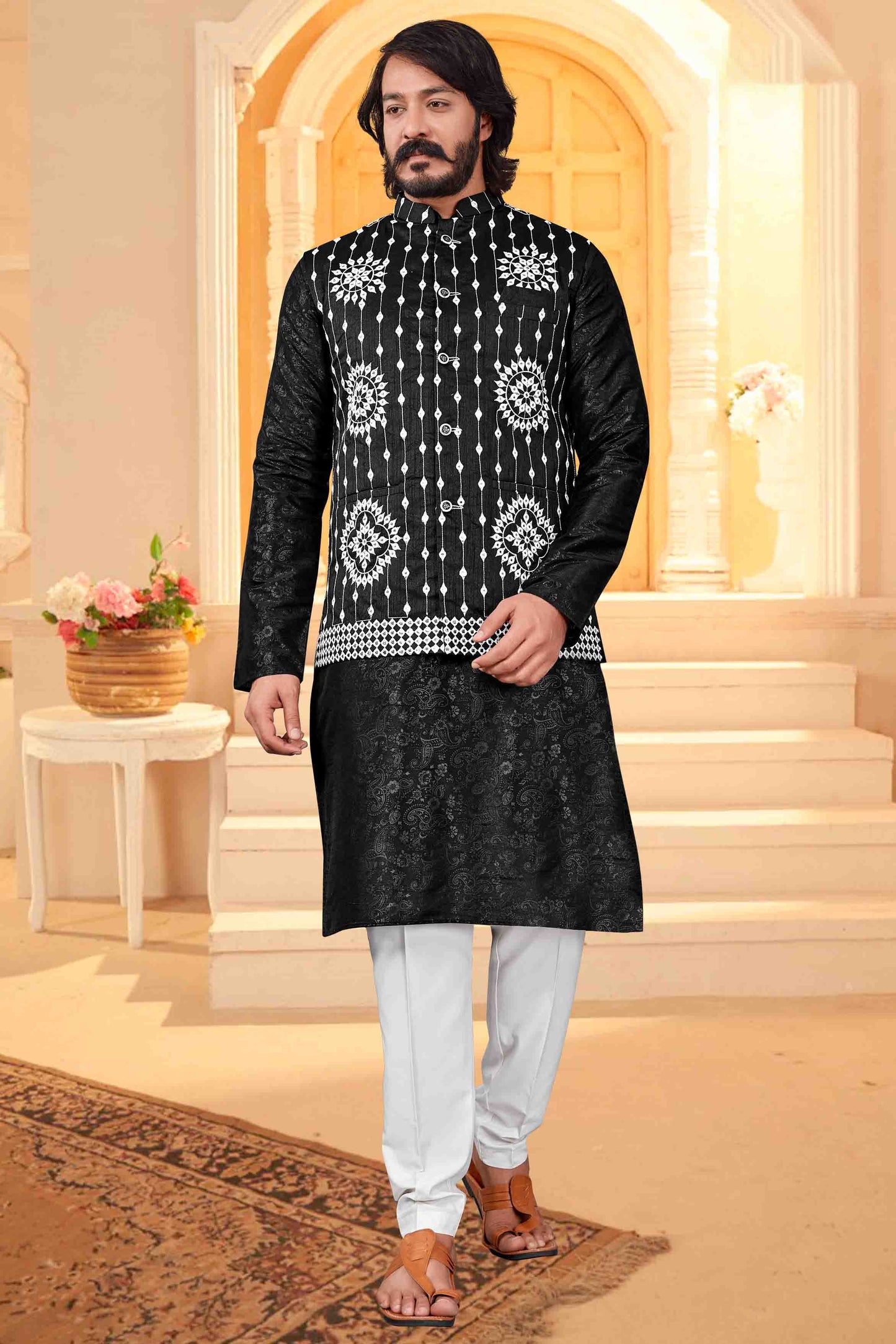 Black Colour Kurta Pajama With Jacket In Art Silk VSKP1210376