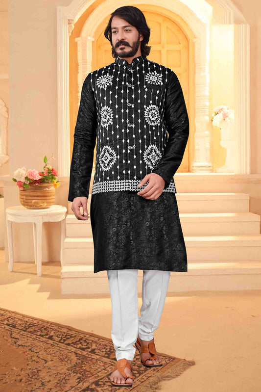 Black Colour Kurta Pajama With Jacket In Art Silk VSKP1210376