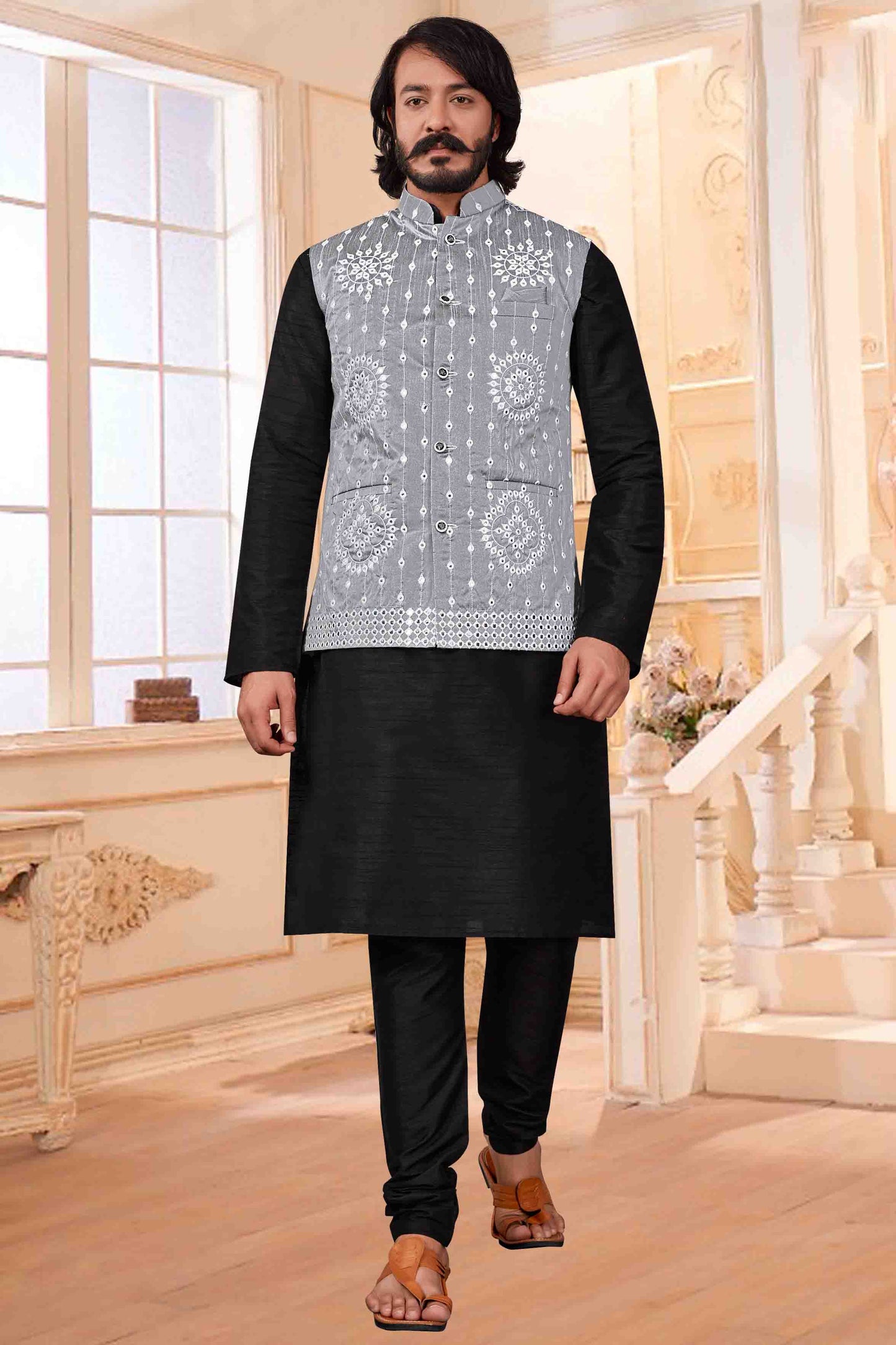Black Colour Kurta Pajama With Jacket In Art Silk VSKP1210377