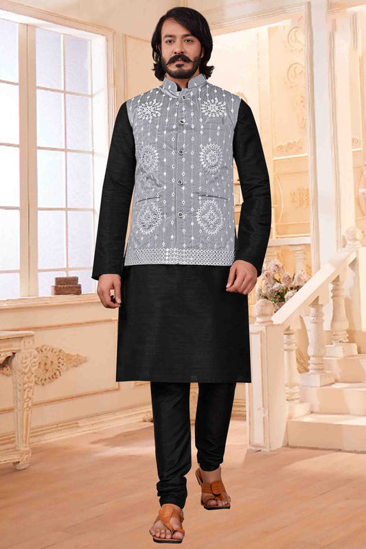 Black Colour Kurta Pajama With Jacket In Art Silk VSKP1210377