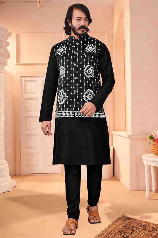 Black Colour Kurta Pajama With Jacket In Art Silk VSKP1210379