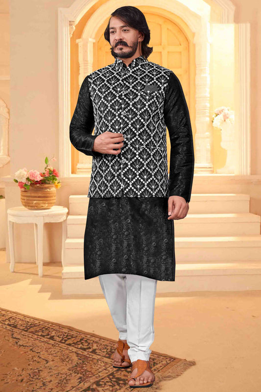 Black Colour Kurta Pajama With Jacket In Art Silk VSKP1210385