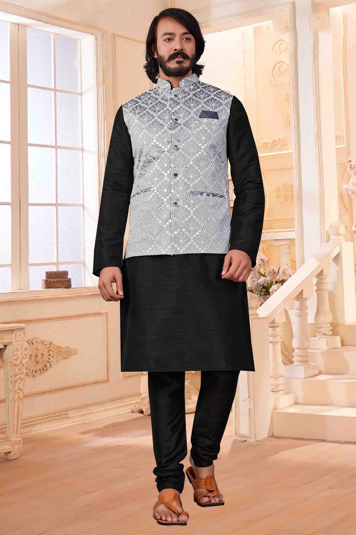 Black Colour Kurta Pajama With Jacket In Art Silk VSKP1210386