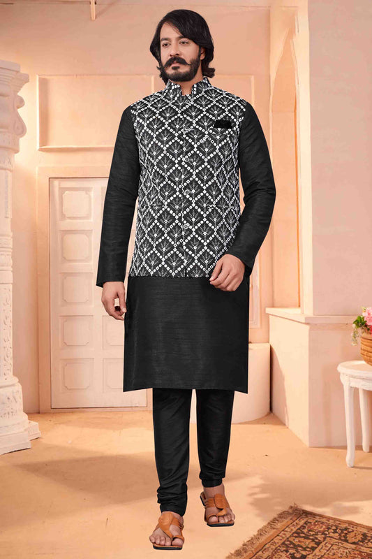 Black Colour Kurta Pajama With Jacket In Art Silk VSKP1210389