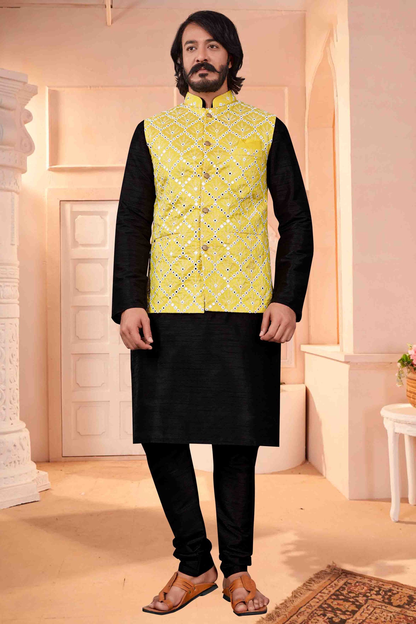 Black Colour Kurta Pajama With Jacket In Art Silk VSKP1210390