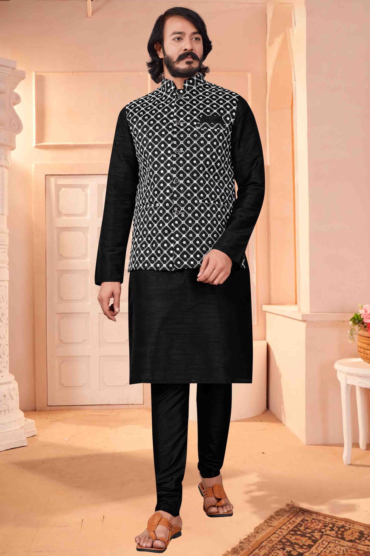 Black Colour Kurta Pajama With Jacket In Art Silk VSKP1210399