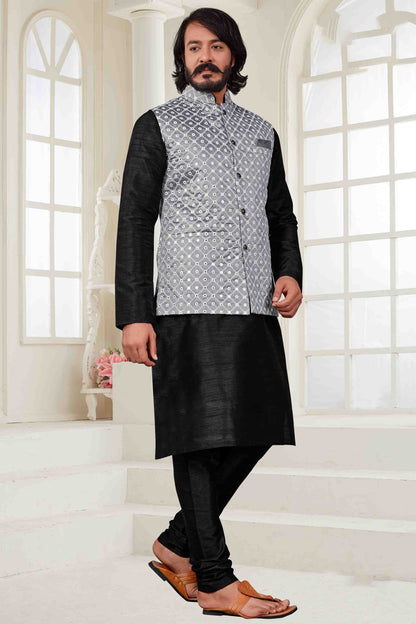 Black Colour Kurta Pajama With Jacket In Art Silk VSKP1210404