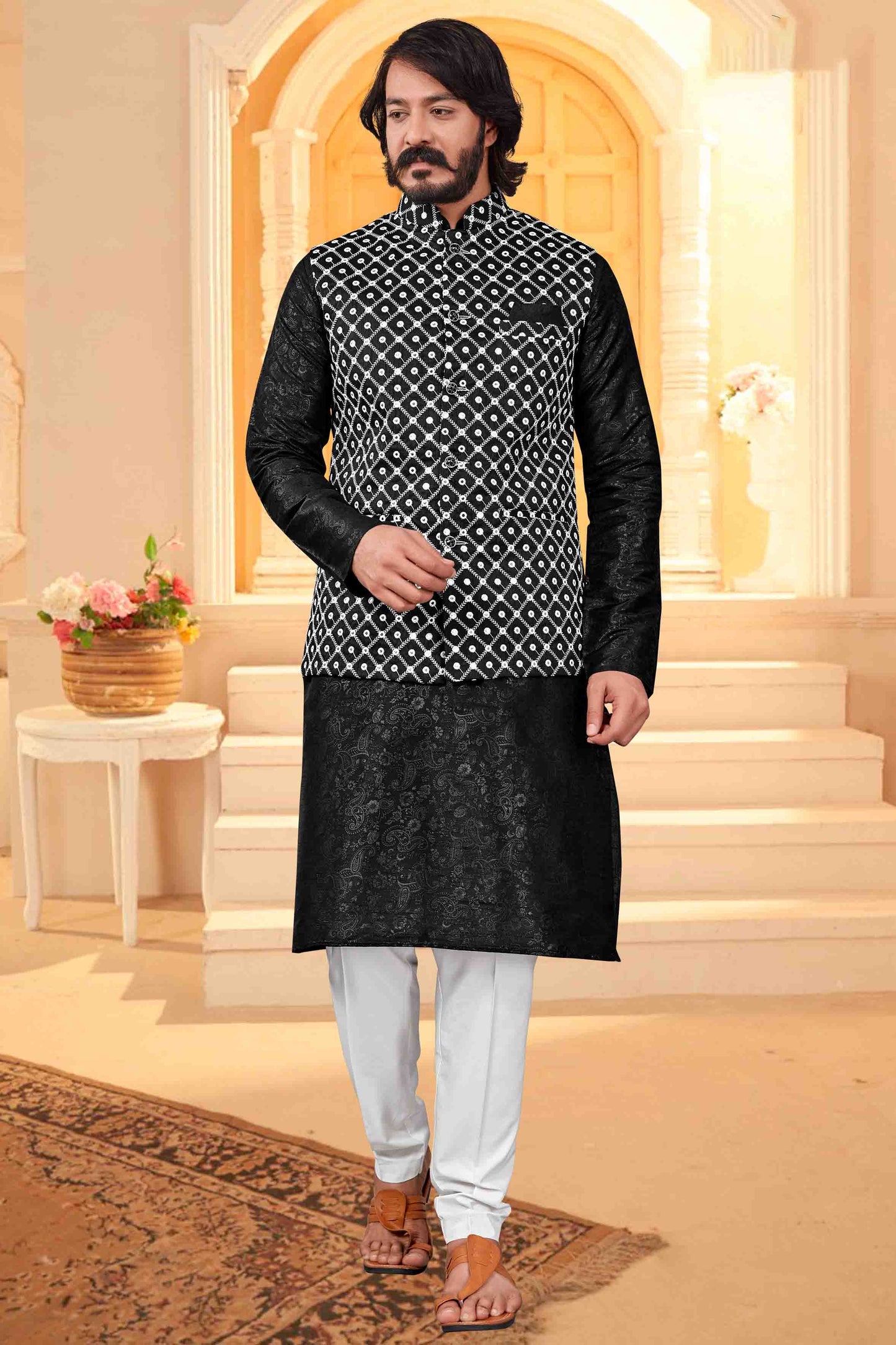 Black Colour Kurta Pajama With Jacket In Art Silk VSKP1210406
