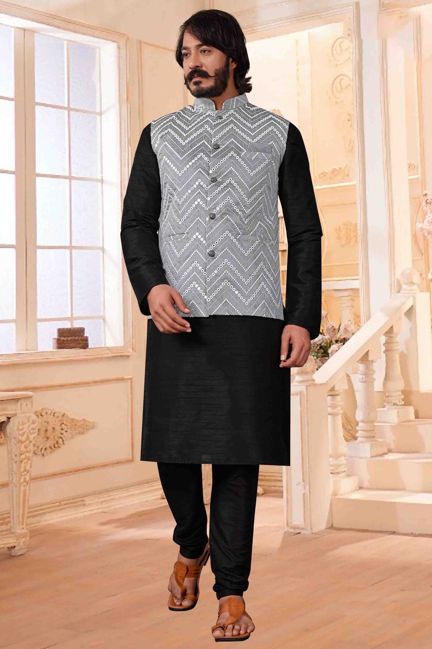 Black Colour Kurta Pajama With Jacket In Art Silk VSKP1210407