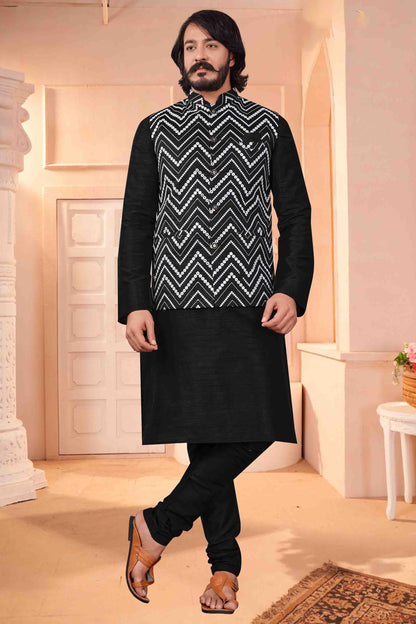 Black Colour Kurta Pajama With Jacket In Art Silk VSKP1210410