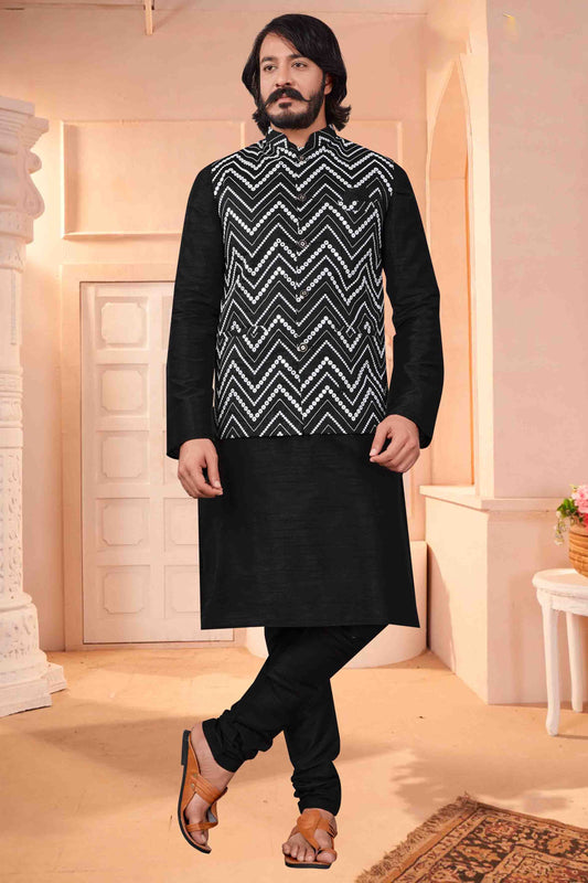 Black Colour Kurta Pajama With Jacket In Art Silk VSKP1210410