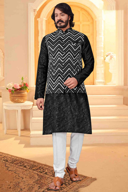 Black Colour Kurta Pajama With Jacket In Art Silk VSKP1210417