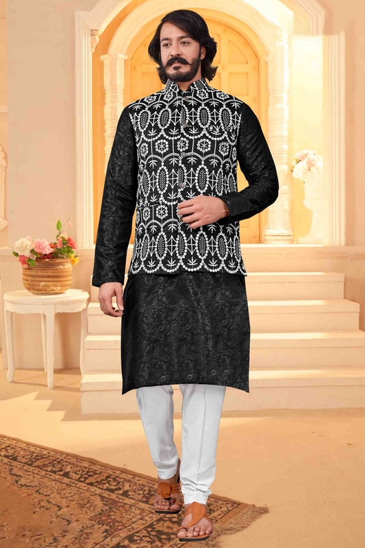 Black Colour Kurta Pajama With Jacket In Art Silk VSKP1210422