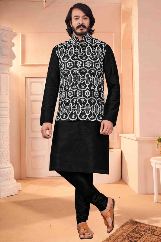 Black Colour Kurta Pajama With Jacket In Art Silk VSKP1210425