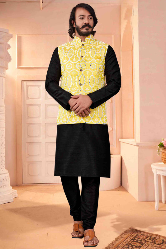 Black Colour Kurta Pajama With Jacket In Art Silk VSKP1210426