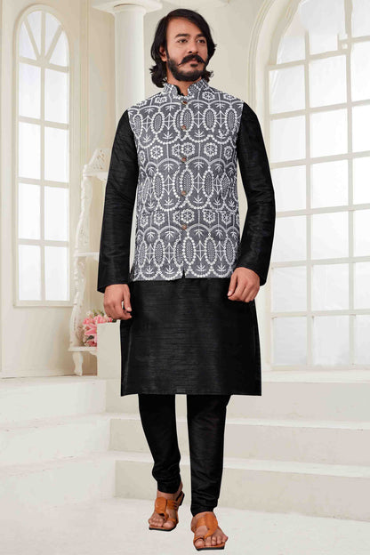 Black Colour Kurta Pajama With Jacket In Art Silk VSKP1210429