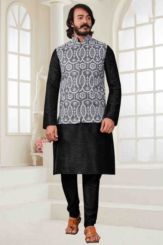 Black Colour Kurta Pajama With Jacket In Art Silk VSKP1210429
