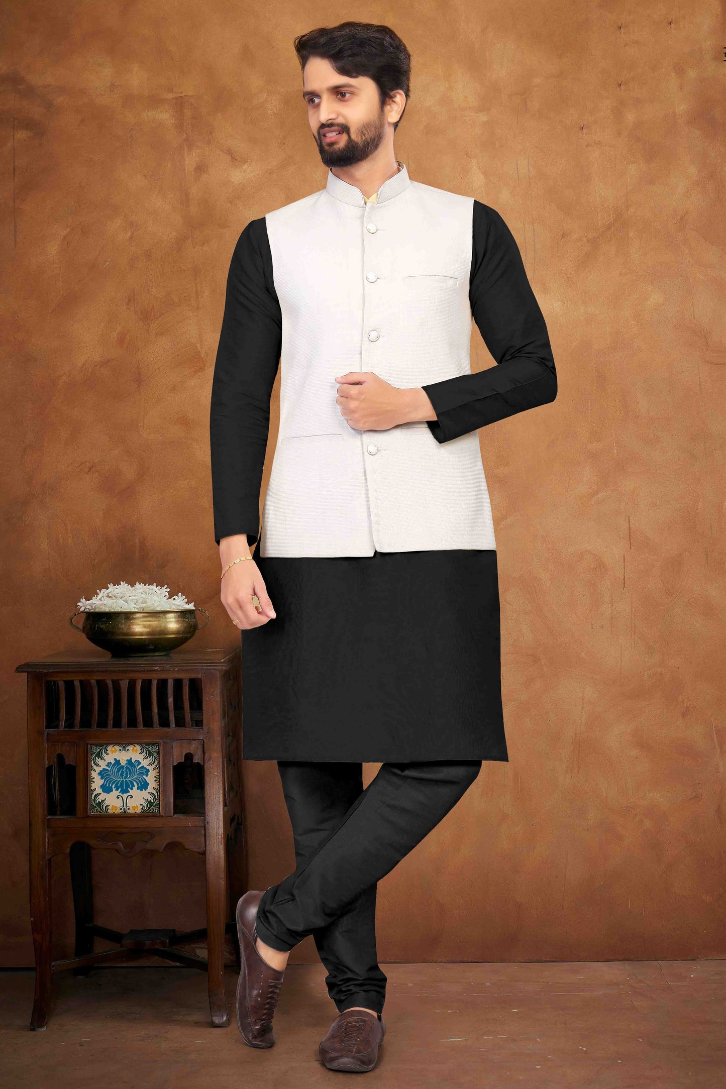 Black Colour Kurta Pajama With Jacket In Silk VSKP1210464