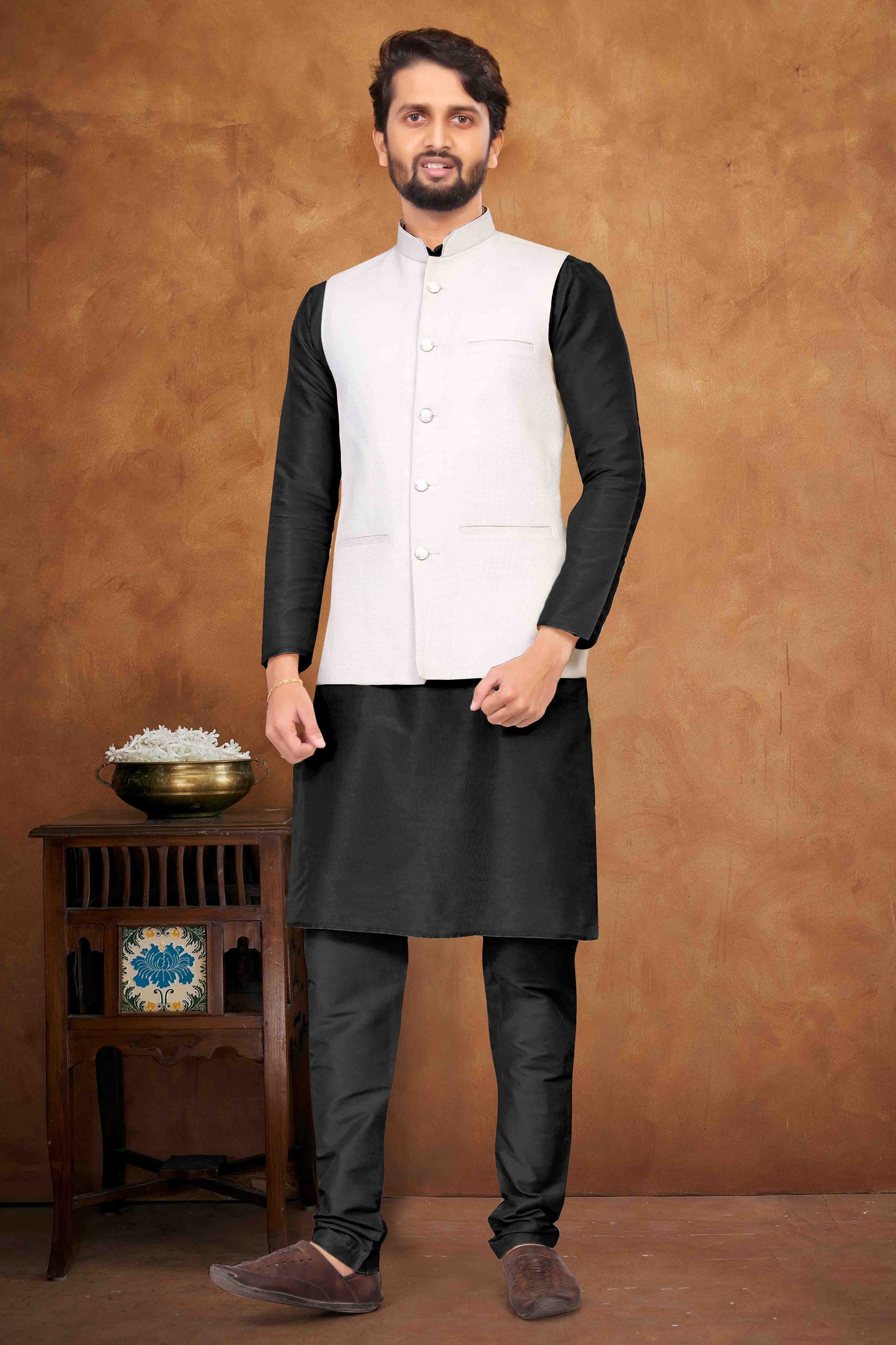 Black Colour Kurta Pajama With Jacket In Silk VSKP1210464