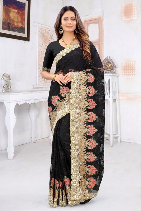 Black Colour Net Embroidery Saree VSSD1090218