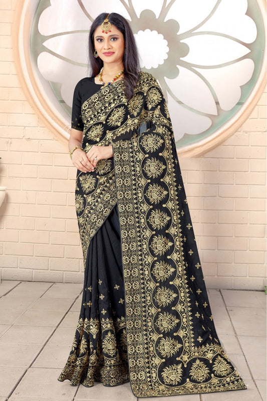 Black Colour Net Embroidery Saree VSSD1090382