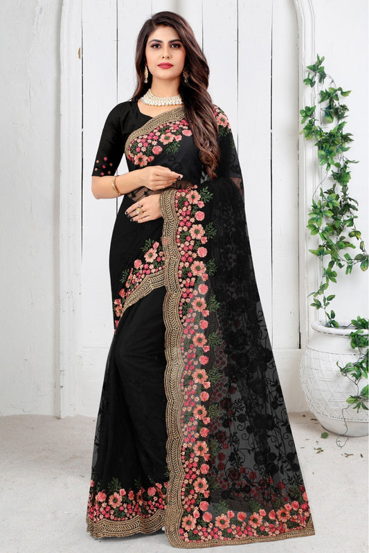 Black Colour Net Embroidery Saree VSSD1090446
