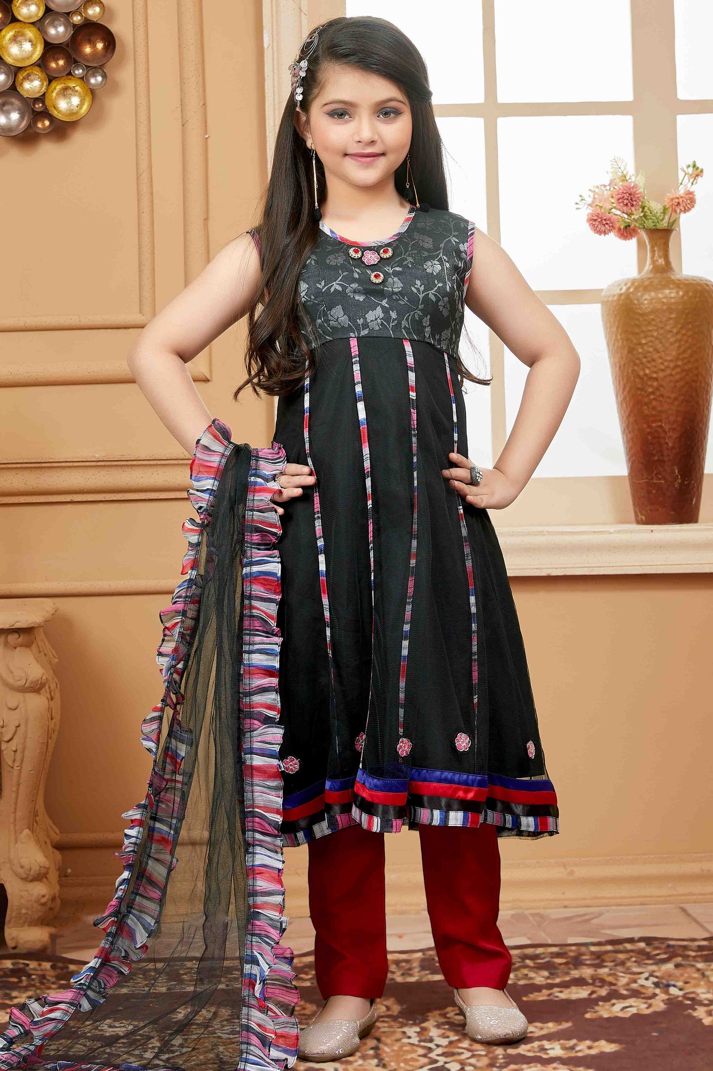 Black Colour Net Pant Style Suit VSGW1070757