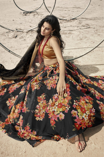 Black Colour Organza Printed Lehenga Choli VSLC1080631