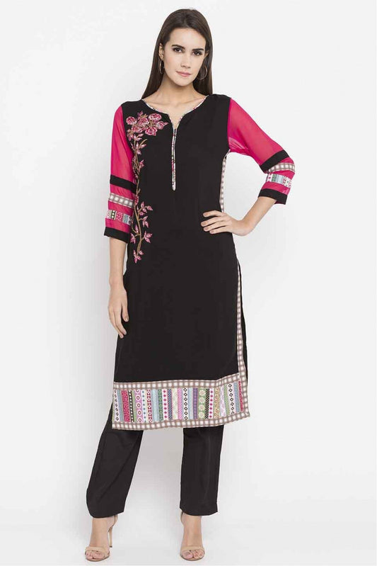 Black Colour Plus Size Cotton Embroidery Kurti
