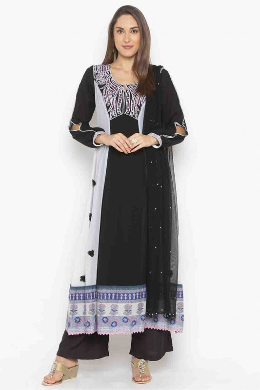 Black Colour Plus Size Stitched Georgette Embroidery Palazzo Pant Suit VSSS1070206