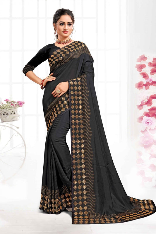 Black Colour Pure Satin Swarovski Work Saree VSSD1120336