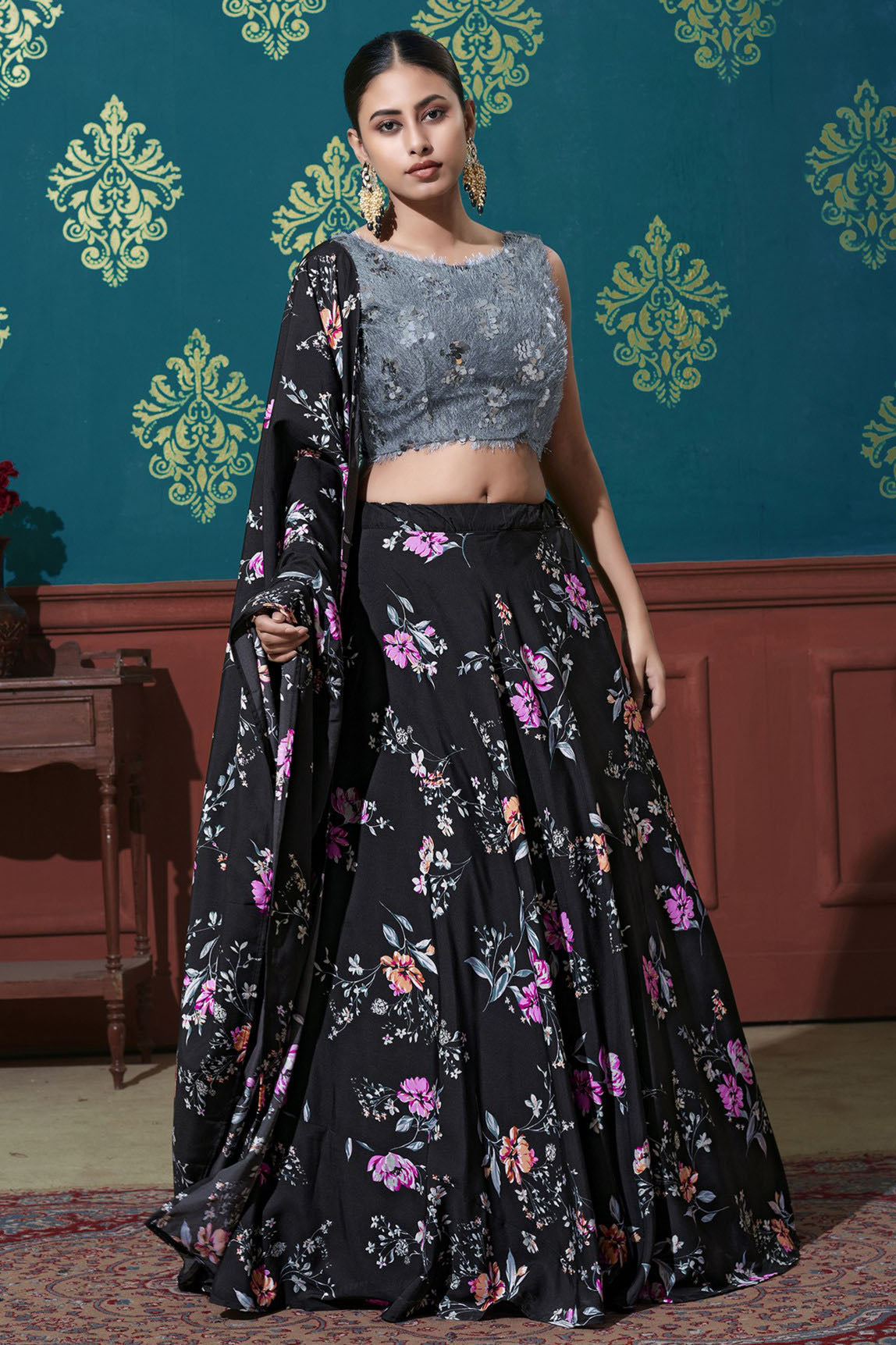 Black Colour Silk Printed Lehenga Choli VSLC1150075