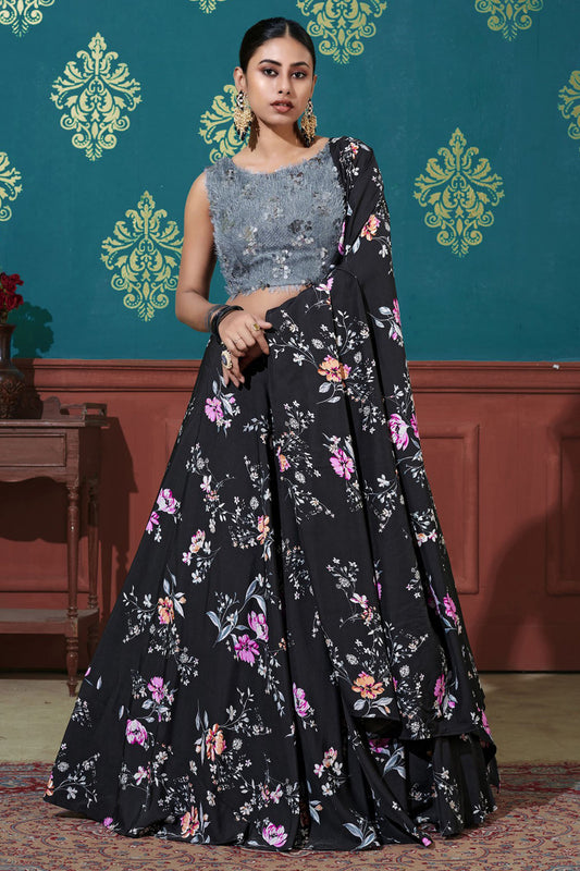 Black Colour Silk Printed Lehenga Choli VSLC1150075