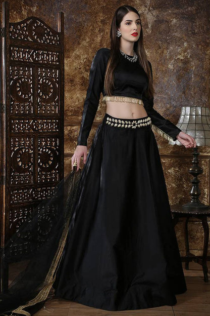 Black Colour Taffeta Satin Foil Print Lehenga Choli VSLC1150016