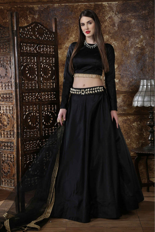 Black Colour Taffeta Satin Foil Print Lehenga Choli VSLC1150016