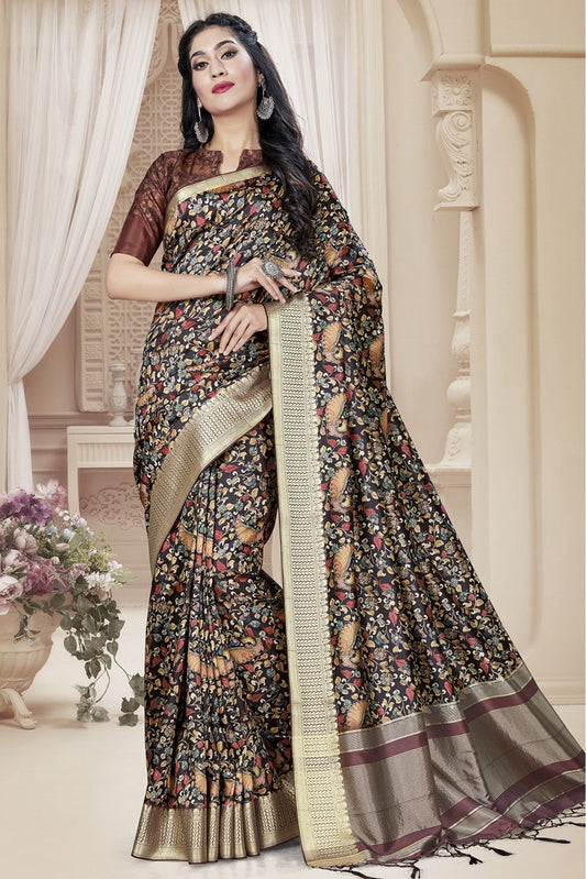 Black Colour Tussar Silk Printed Saree VSSD1120648