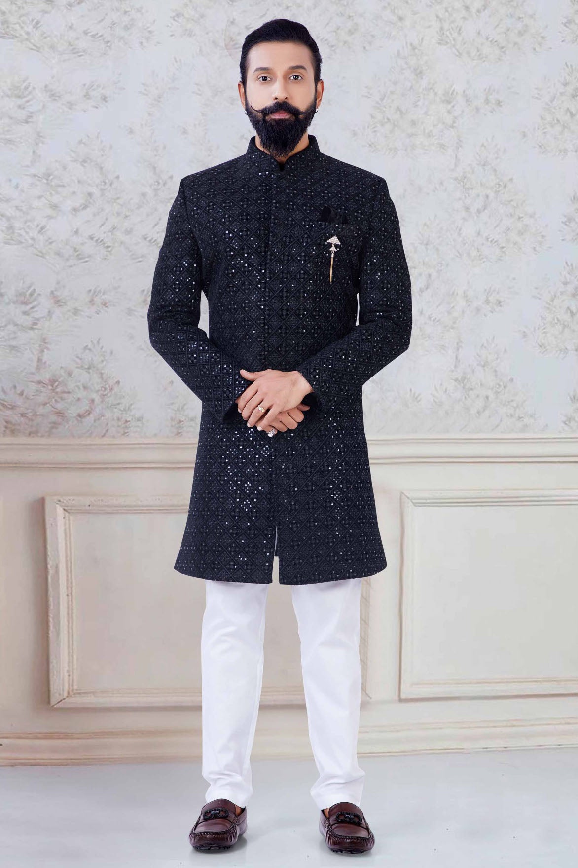 Black Colour Velvet Indo Western Sherwani VSSH1130039