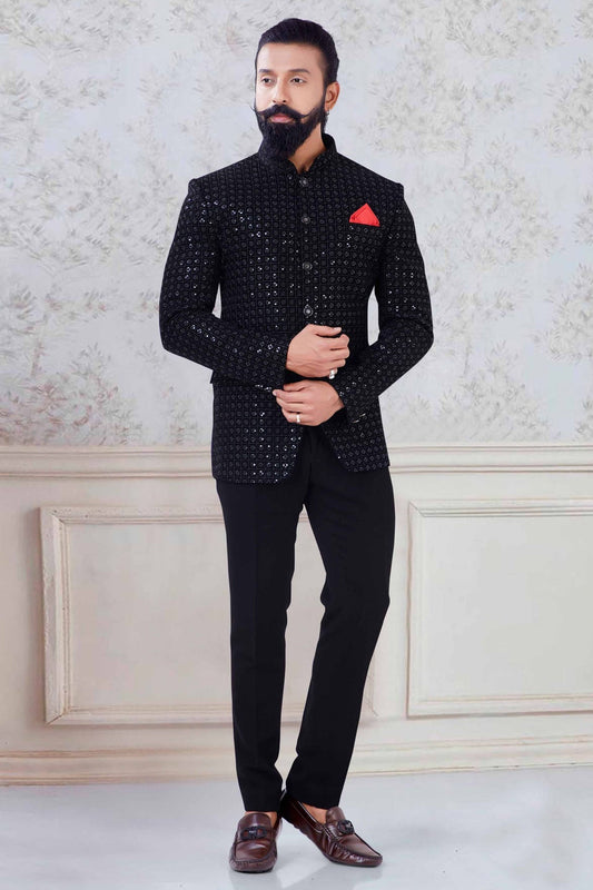 Black Colour Velvet Jodhpuri Suit VSSH1130037