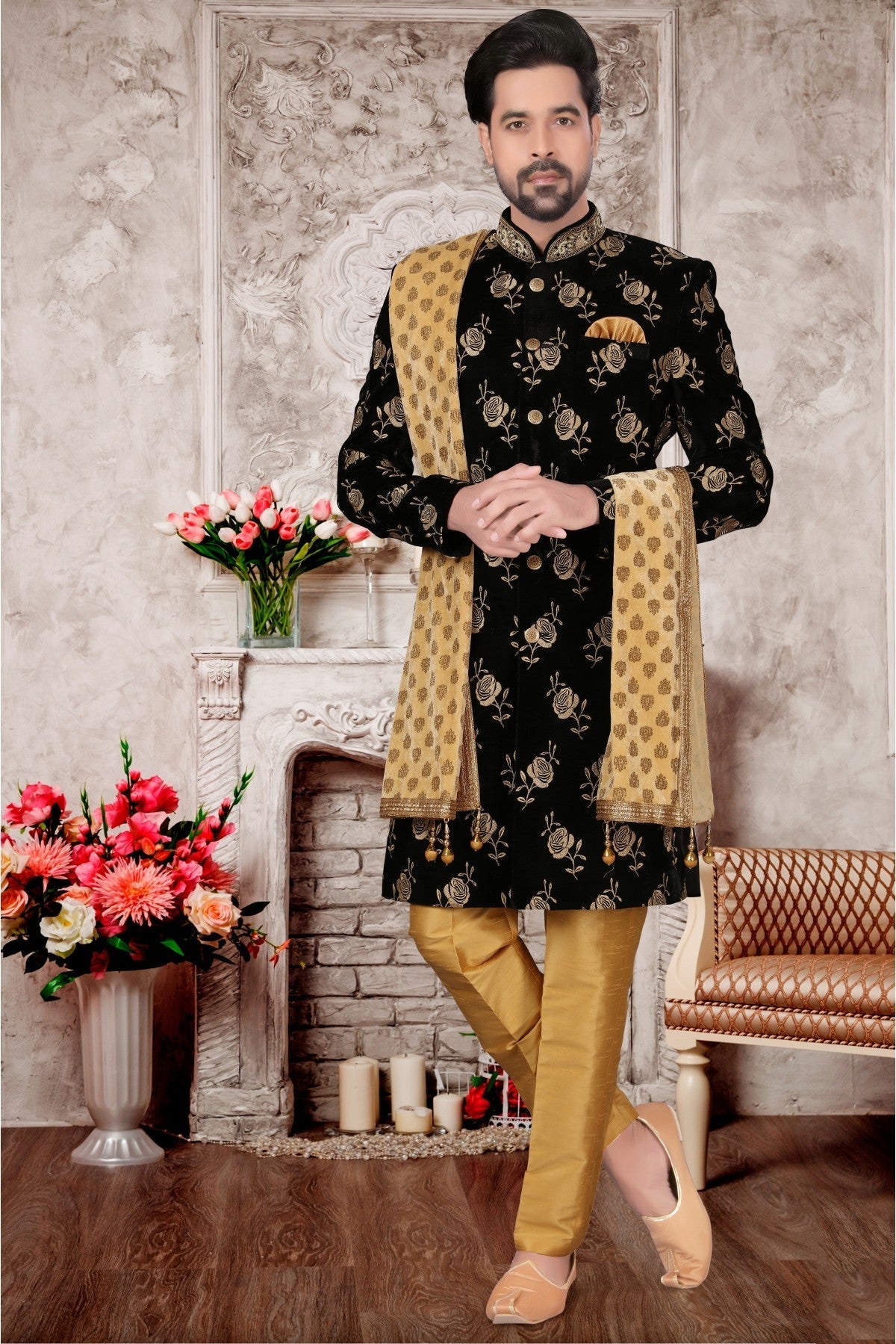 Black Colour Velvet Sherwani VSSH1040283