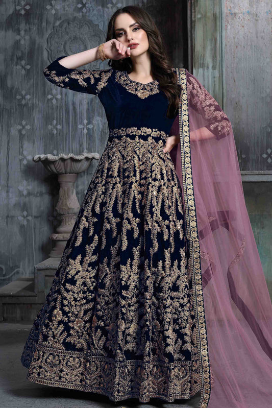 Blue Colour 9000 Velvet Semi Stitched Anarkali Suit VSSM1050271